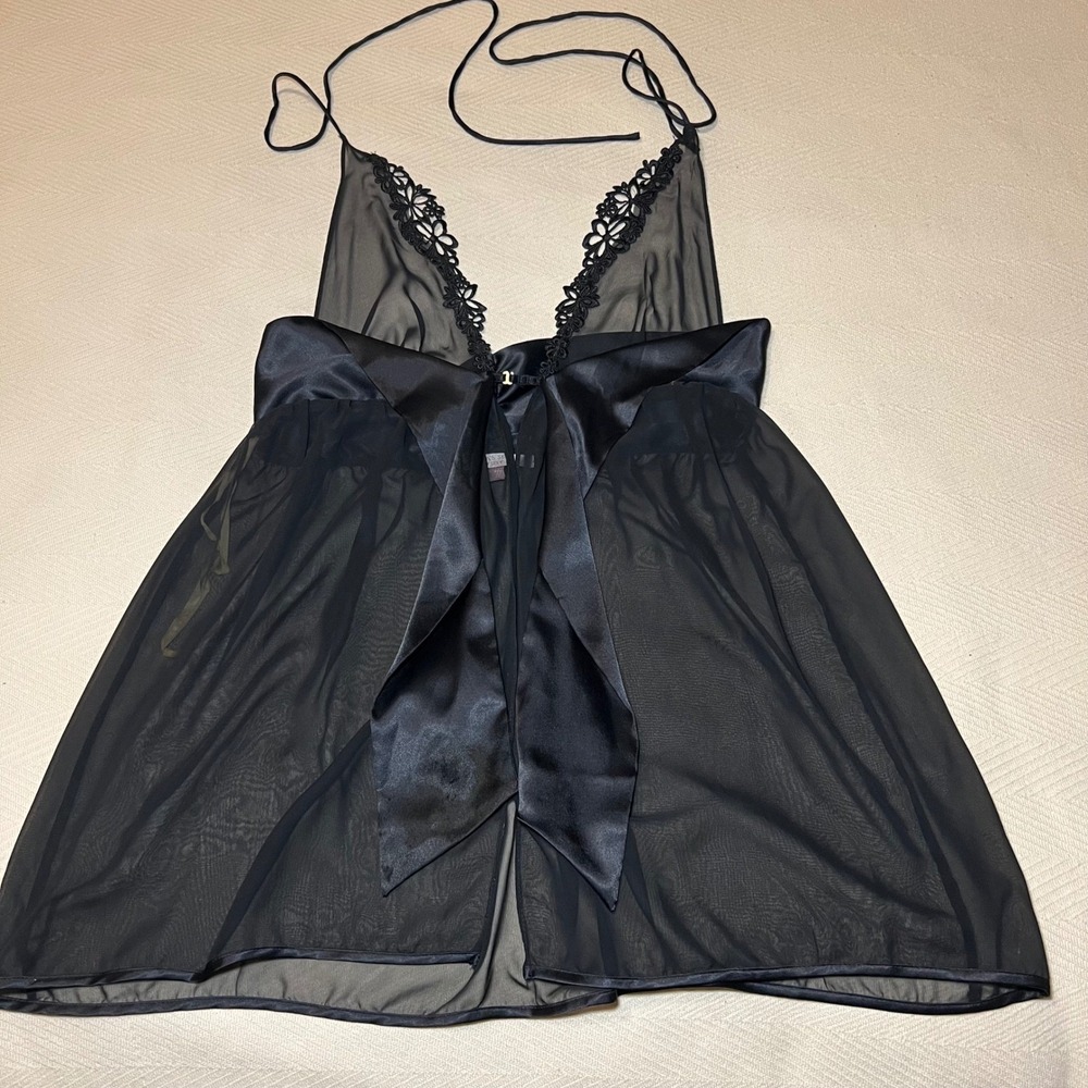 Vintage Victorias Secret Very Sexy Black Mesh Satin Bow Babydoll Lingerie Medium